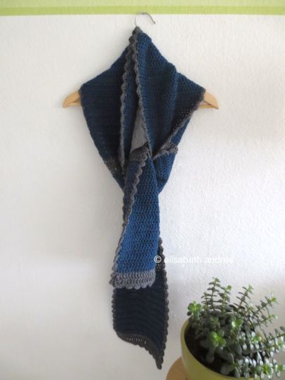 blue scarf with grey stripes and edge