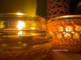 crochet covers for glass jars which now serve as tealights